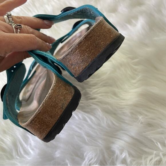 Birkis by Birkenstock | Women’s Freeport Sandal Blue Slip-On Leather Cork Narrow - Picture 5 of 9